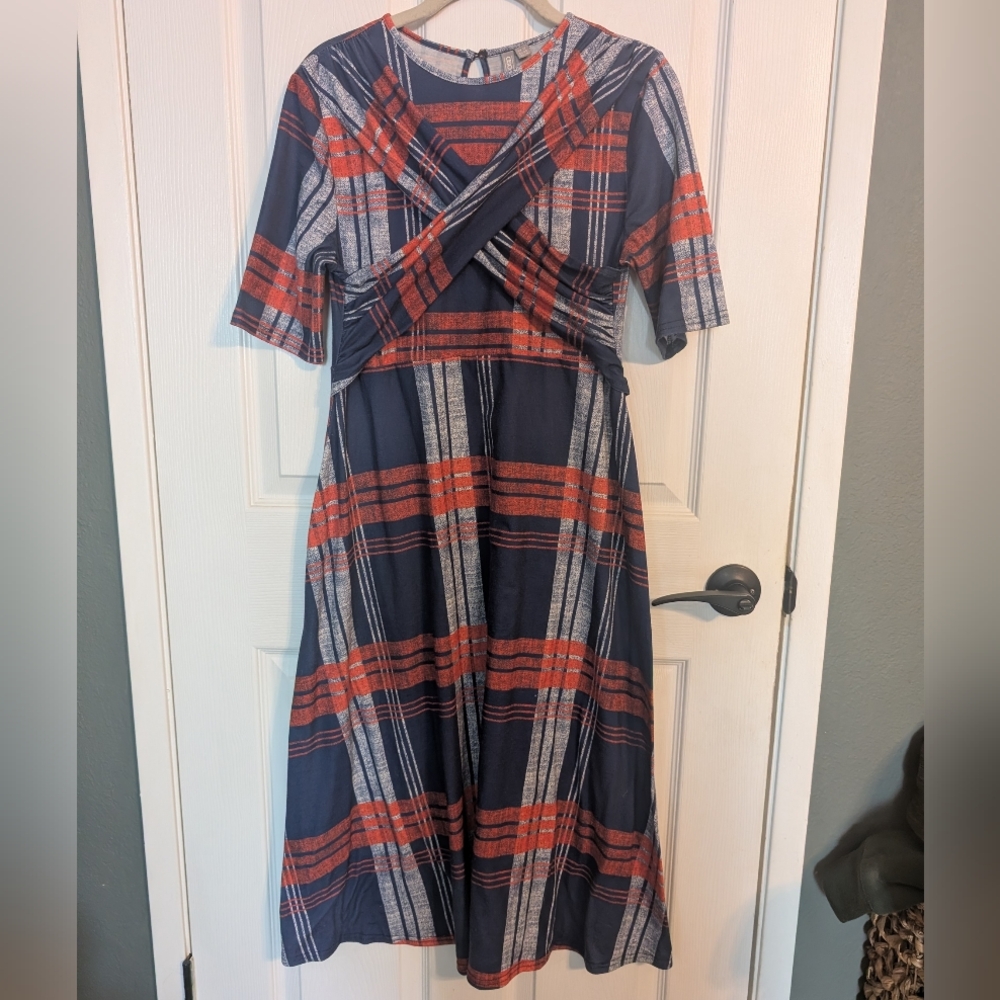 ASOS Retro Jersey Knit Midi Dress Bright Orange Blue Plaid 8